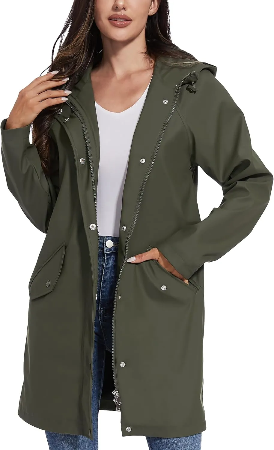 Fahsyee Raincoat Women, Rain Jacket Waterproof Coat Hooded Windbreaker Outdoor Long Active