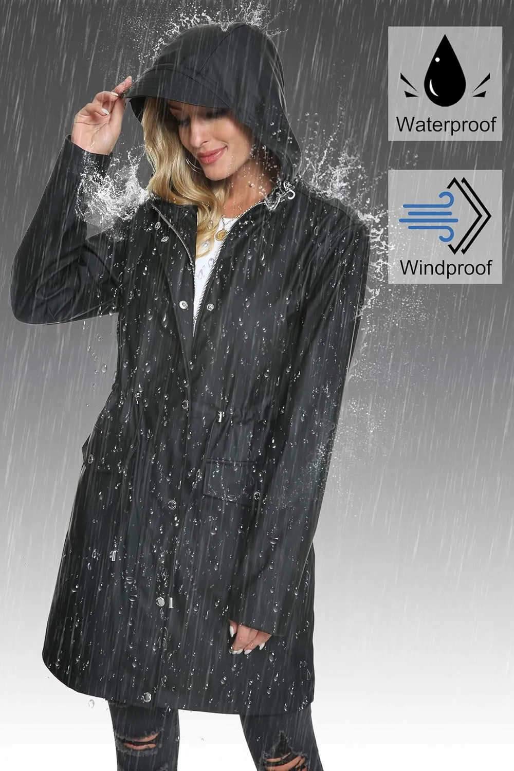 Fahsyee Raincoat Women, Rain Jacket Waterproof Coat Hooded Windbreaker Outdoor Long Active