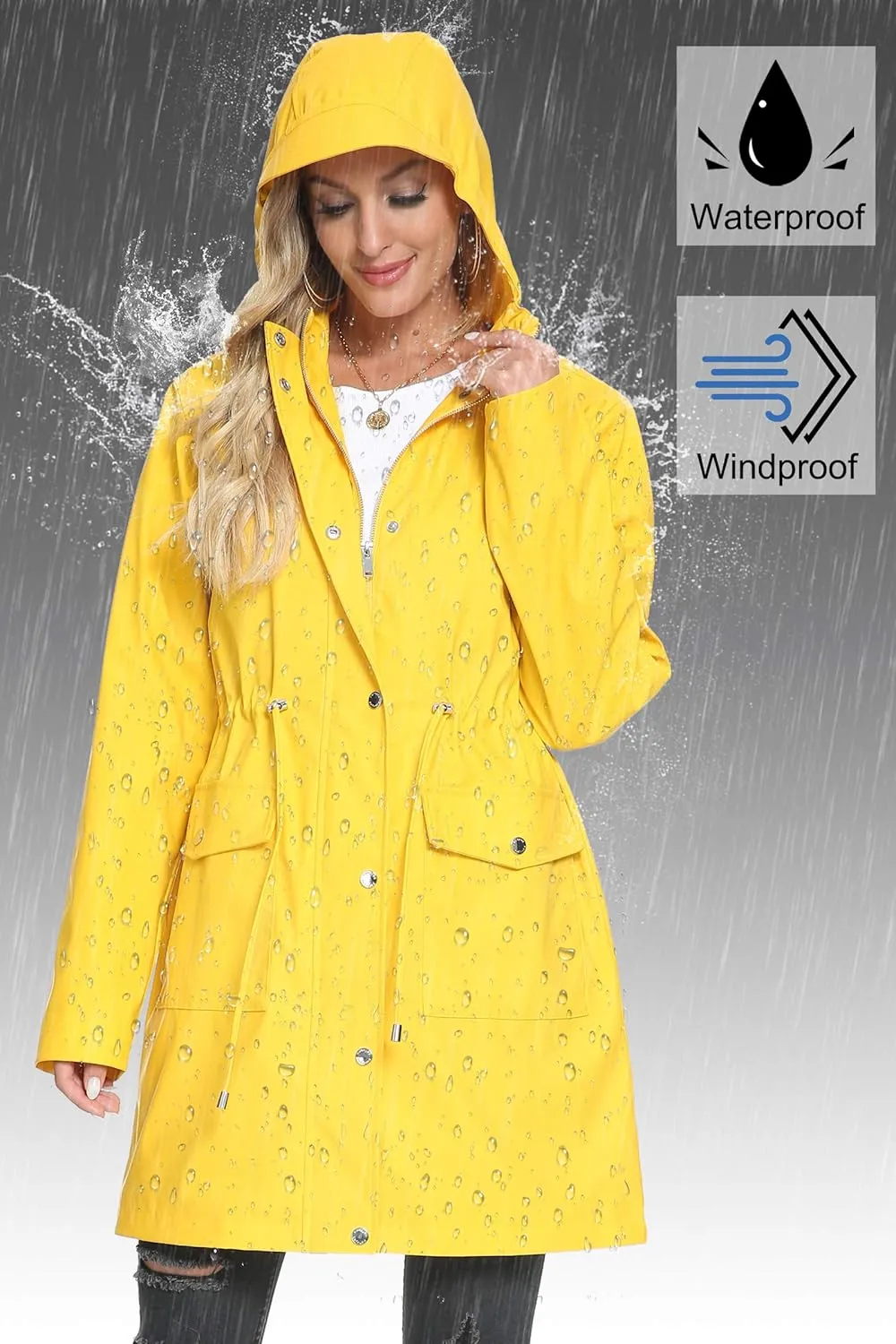 Fahsyee Raincoat Women, Rain Jacket Waterproof Coat Hooded Windbreaker Outdoor Long Active