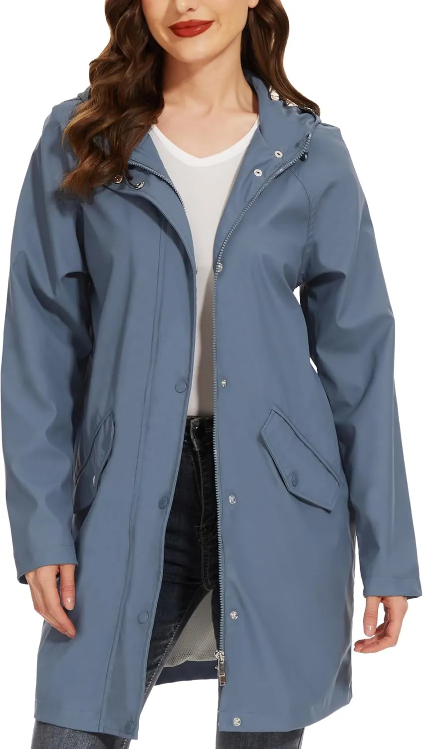 Fahsyee Raincoat Women, Rain Jacket Waterproof Coat Hooded Windbreaker Outdoor Long Active