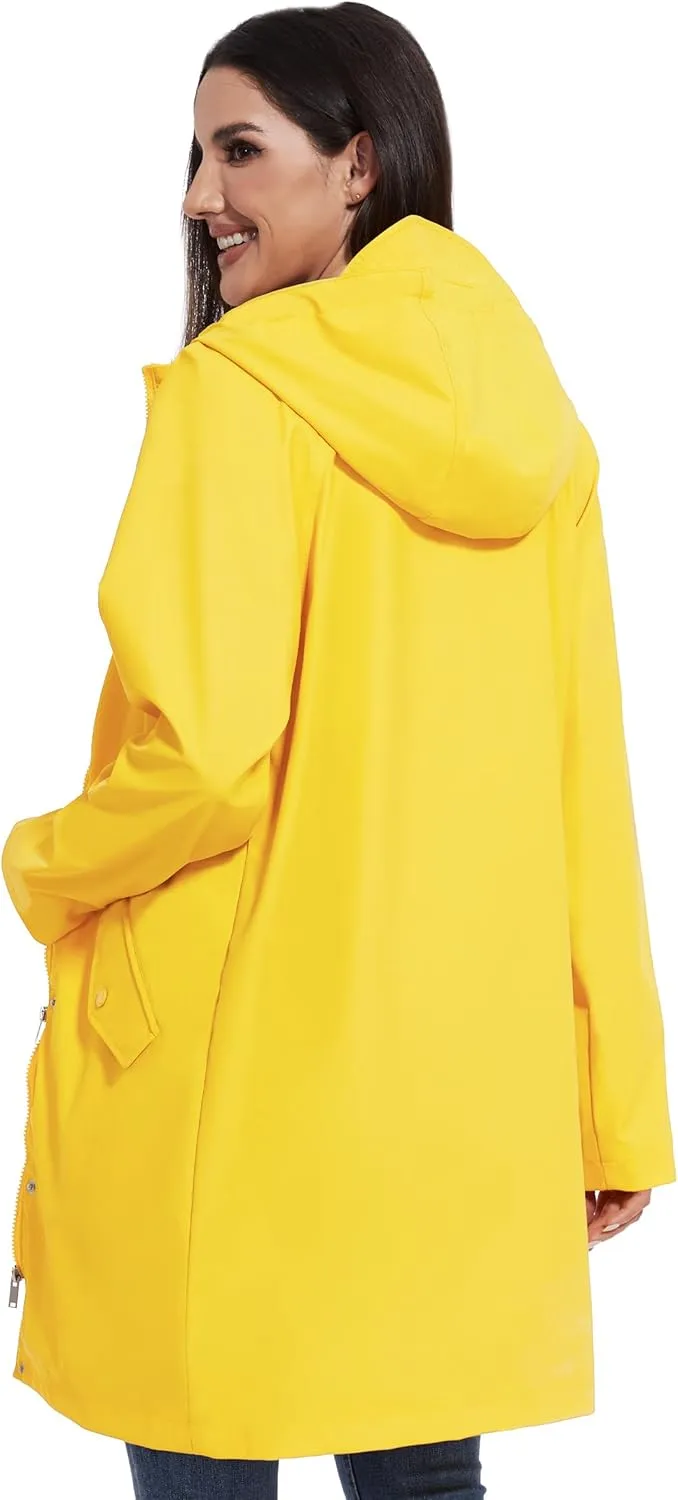 Fahsyee Raincoat Women, Rain Jacket Waterproof Coat Hooded Windbreaker Outdoor Long Active