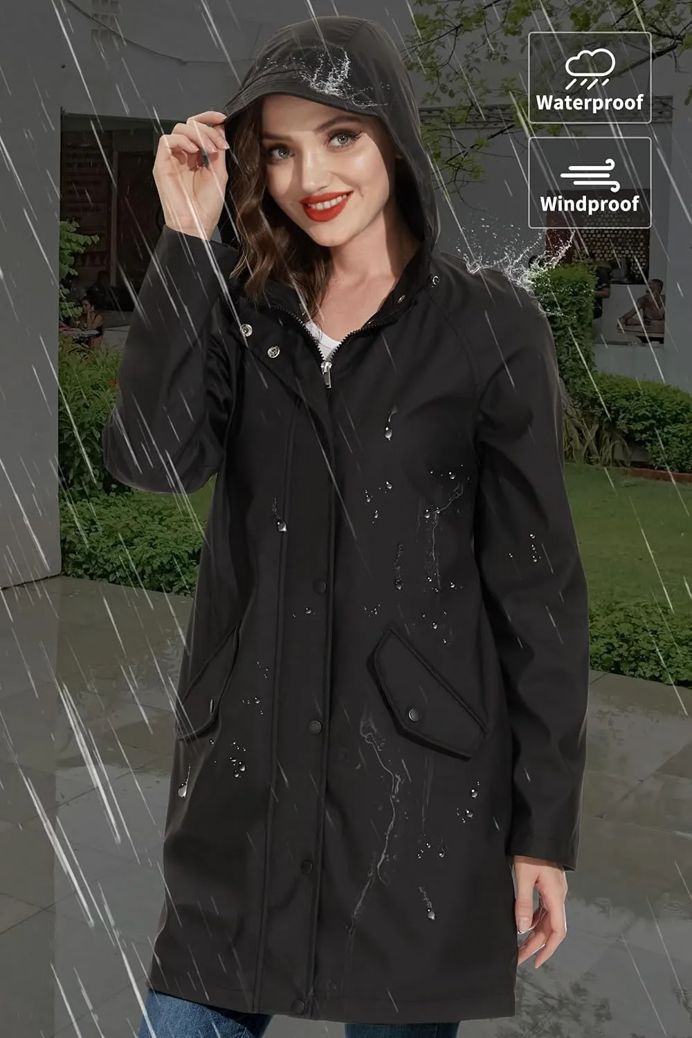 Fahsyee Raincoat Women, Rain Jacket Waterproof Coat Hooded Windbreaker Outdoor Long Active