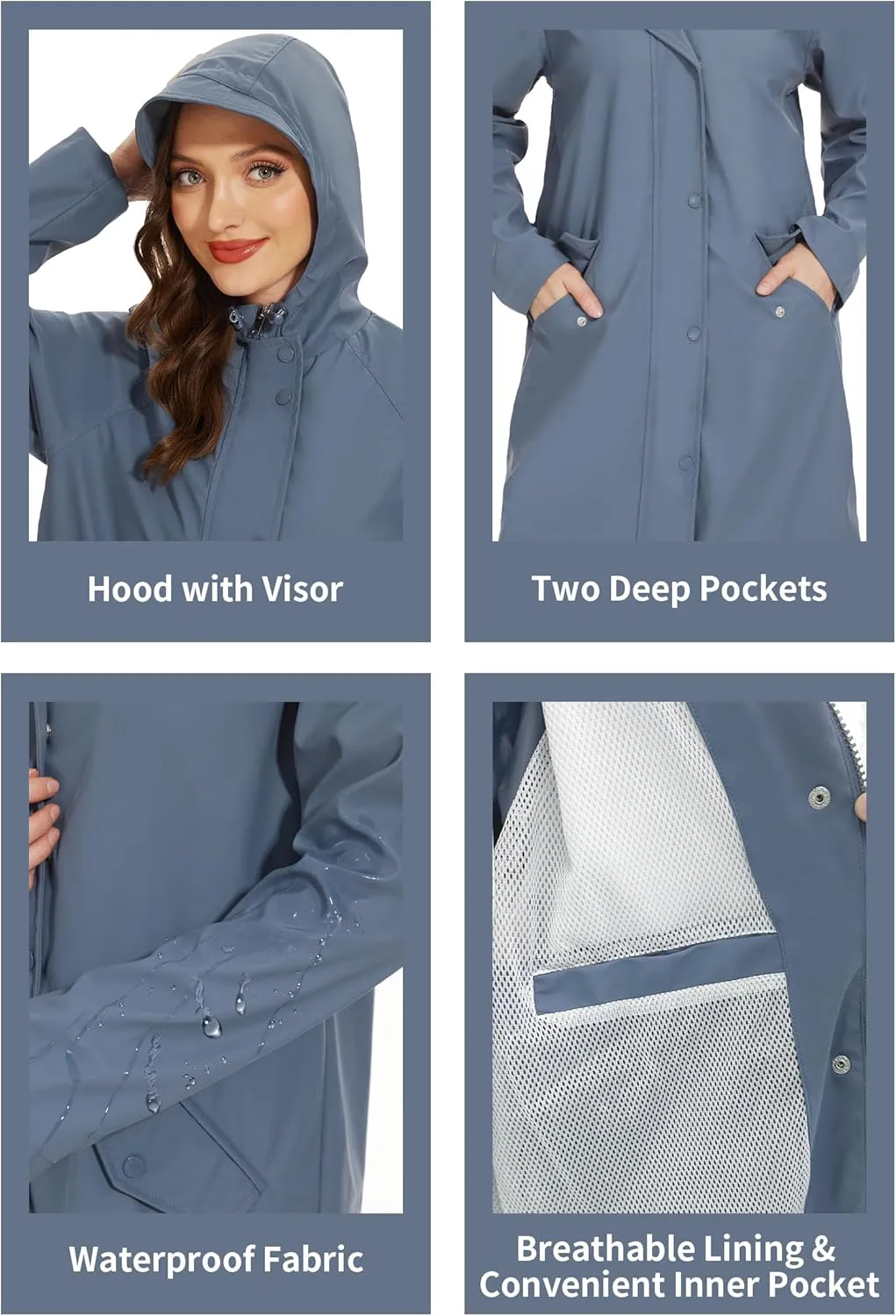 Fahsyee Raincoat Women, Rain Jacket Waterproof Coat Hooded Windbreaker Outdoor Long Active