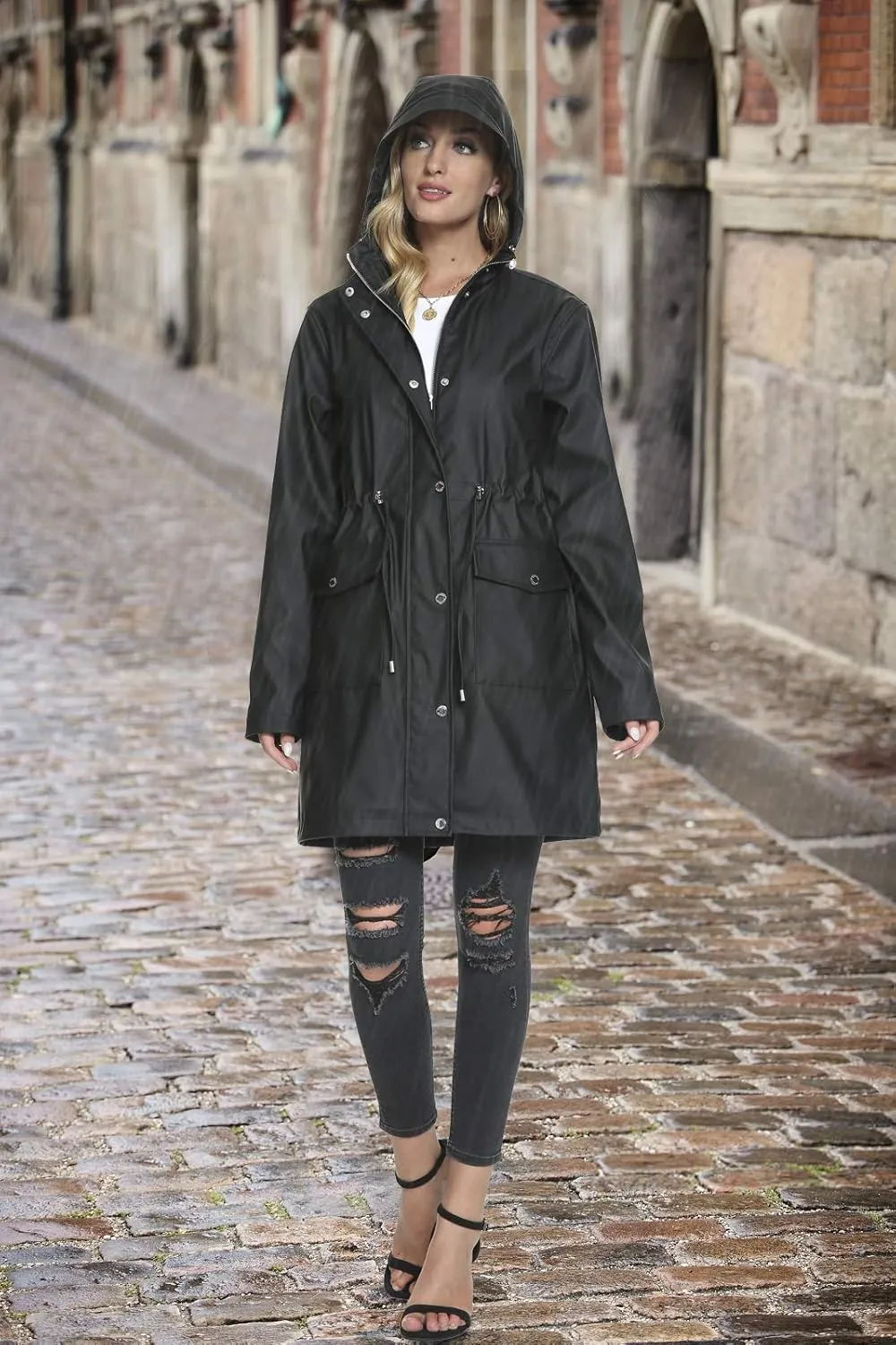 Fahsyee Raincoat Women, Rain Jacket Waterproof Coat Hooded Windbreaker Outdoor Long Active