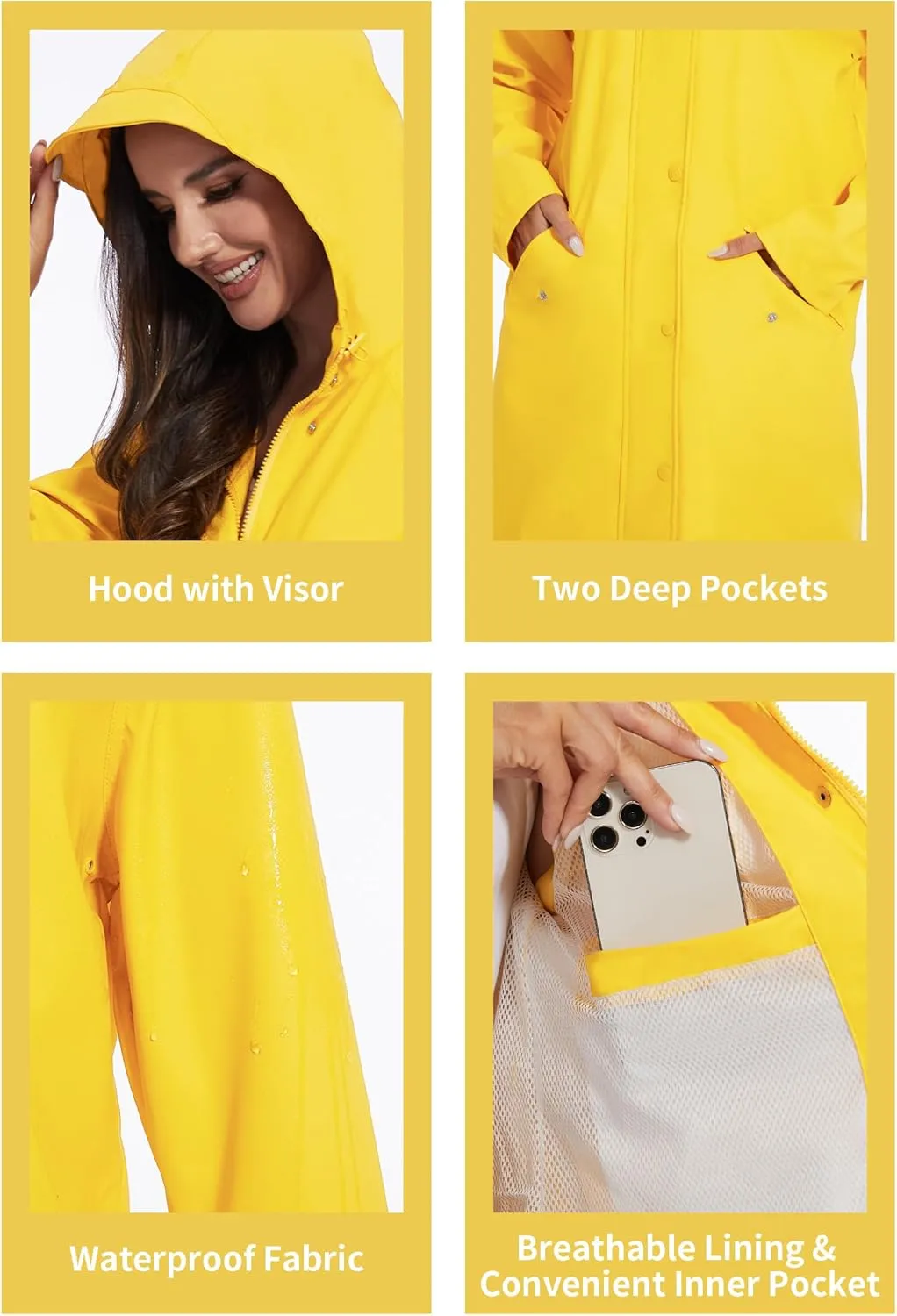 Fahsyee Raincoat Women, Rain Jacket Waterproof Coat Hooded Windbreaker Outdoor Long Active