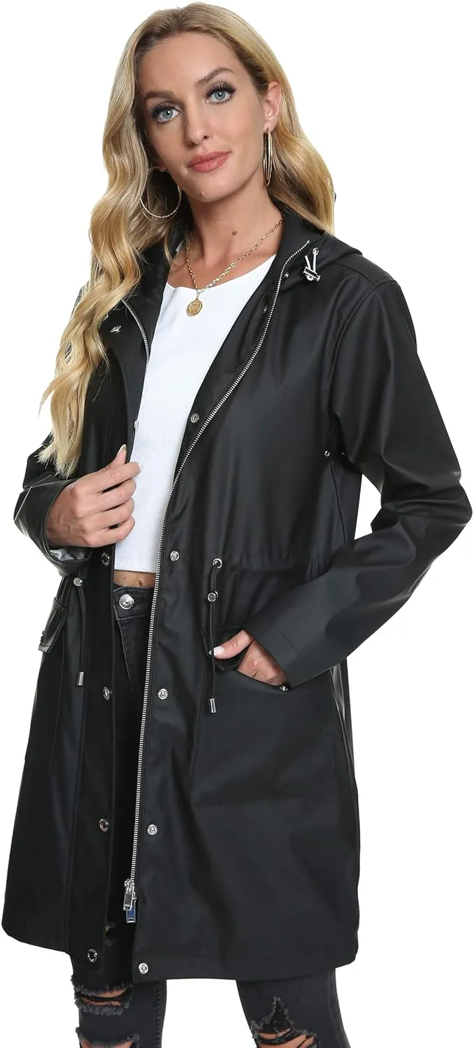 Fahsyee Raincoat Women, Rain Jacket Waterproof Coat Hooded Windbreaker Outdoor Long Active