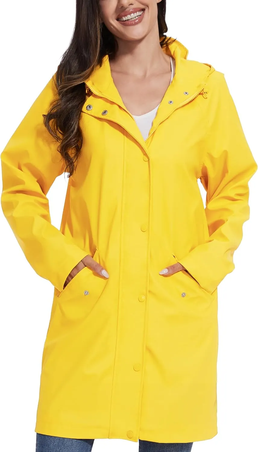 Fahsyee Raincoat Women, Rain Jacket Waterproof Coat Hooded Windbreaker Outdoor Long Active