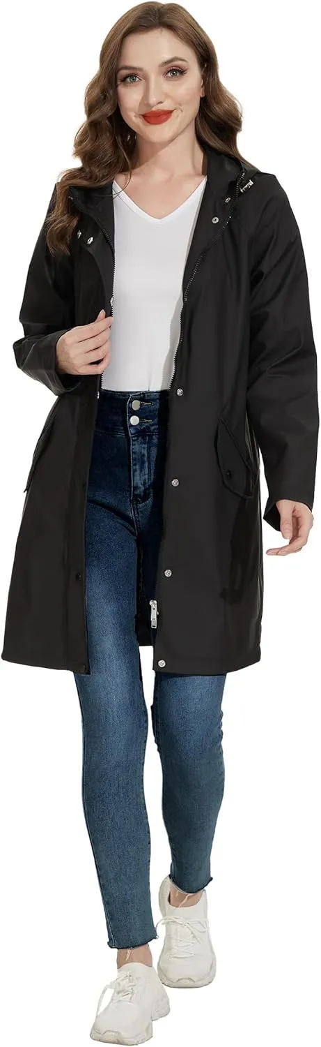 Fahsyee Raincoat Women, Rain Jacket Waterproof Coat Hooded Windbreaker Outdoor Long Active