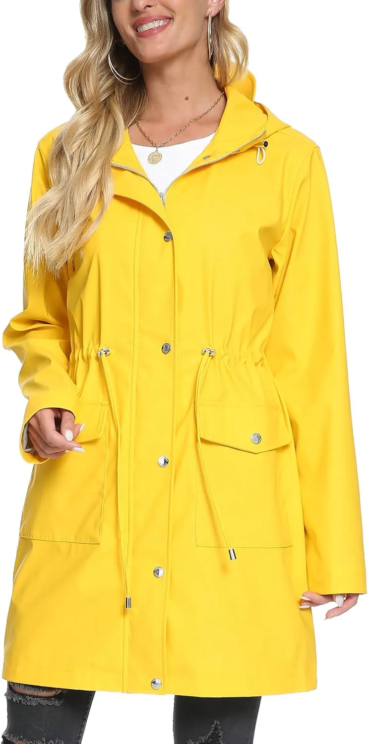 Fahsyee Raincoat Women, Rain Jacket Waterproof Coat Hooded Windbreaker Outdoor Long Active