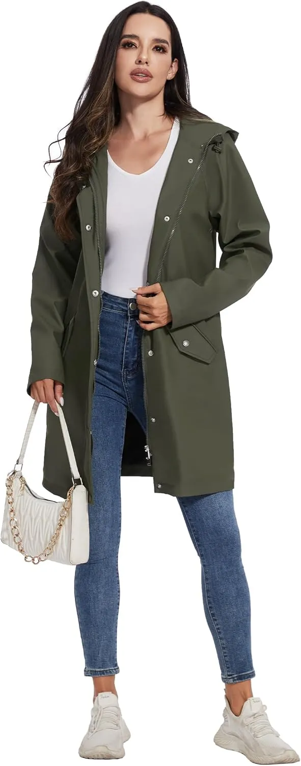 Fahsyee Raincoat Women, Rain Jacket Waterproof Coat Hooded Windbreaker Outdoor Long Active