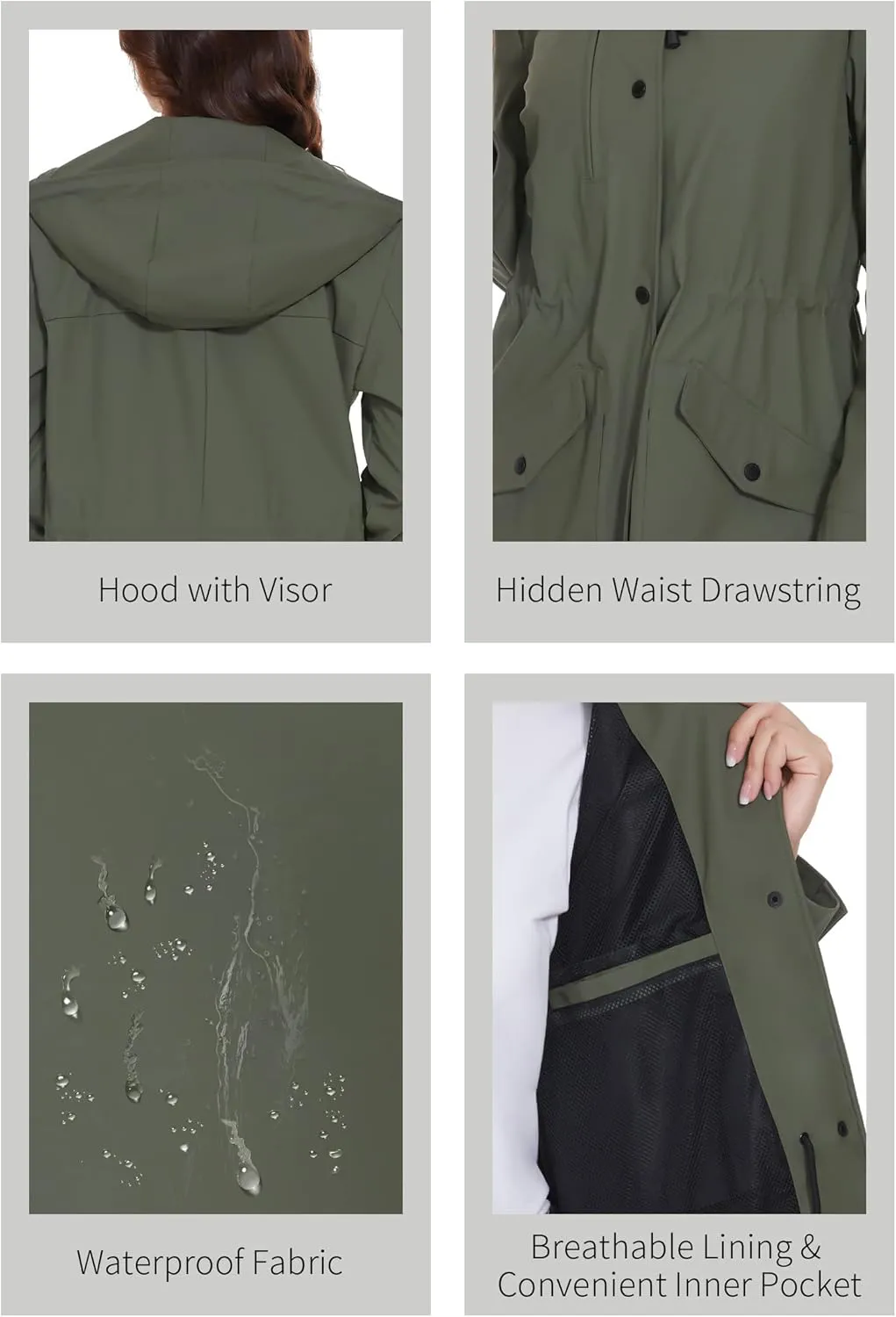 Fahsyee Raincoat Women, Rain Jacket Waterproof Coat Hooded Windbreaker Outdoor Long Active