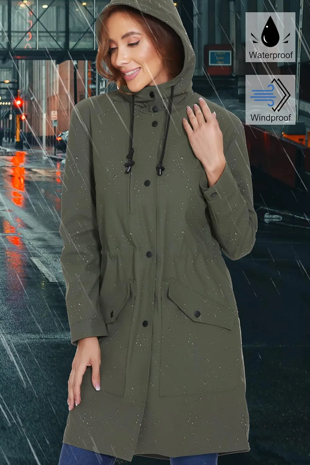Fahsyee Raincoat Women, Rain Jacket Waterproof Coat Hooded Windbreaker Outdoor Long Active