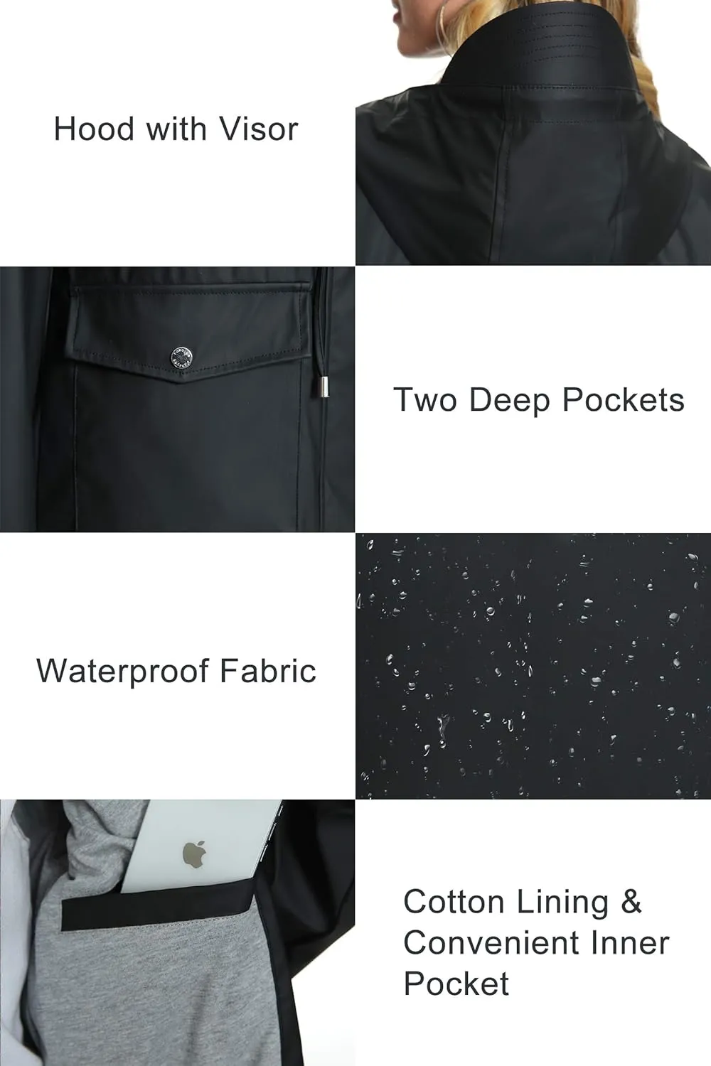 Fahsyee Raincoat Women, Rain Jacket Waterproof Coat Hooded Windbreaker Outdoor Long Active