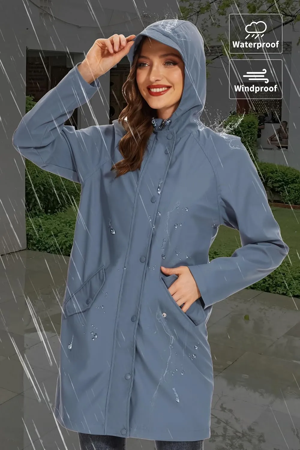 Fahsyee Raincoat Women, Rain Jacket Waterproof Coat Hooded Windbreaker Outdoor Long Active