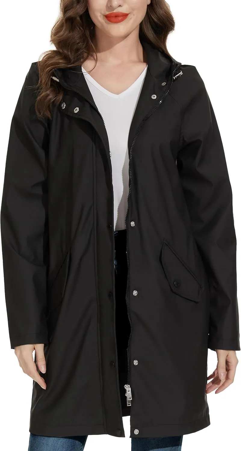 Fahsyee Raincoat Women, Rain Jacket Waterproof Coat Hooded Windbreaker Outdoor Long Active