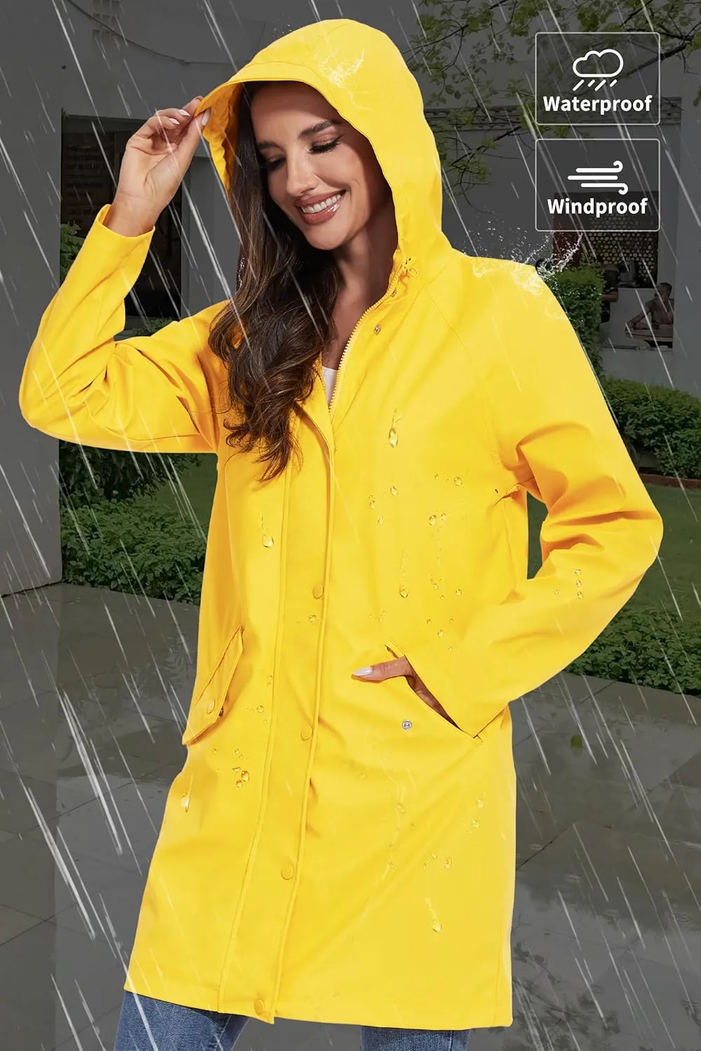 Fahsyee Raincoat Women, Rain Jacket Waterproof Coat Hooded Windbreaker Outdoor Long Active