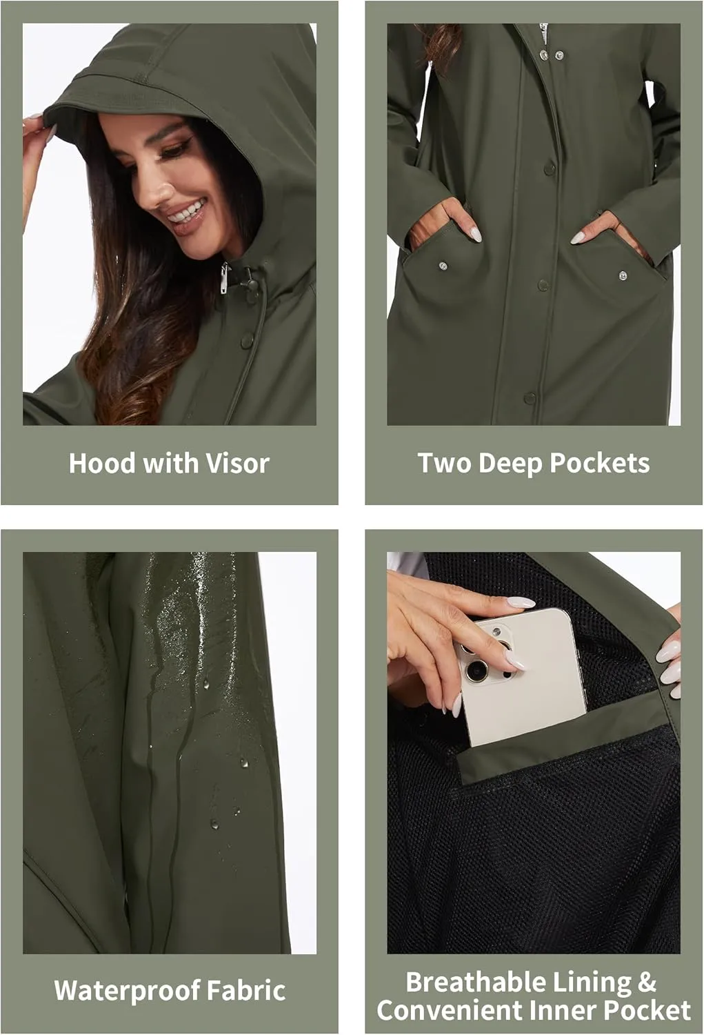 Fahsyee Raincoat Women, Rain Jacket Waterproof Coat Hooded Windbreaker Outdoor Long Active