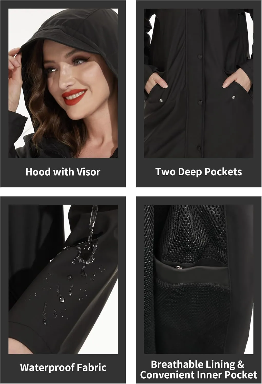 Fahsyee Raincoat Women, Rain Jacket Waterproof Coat Hooded Windbreaker Outdoor Long Active