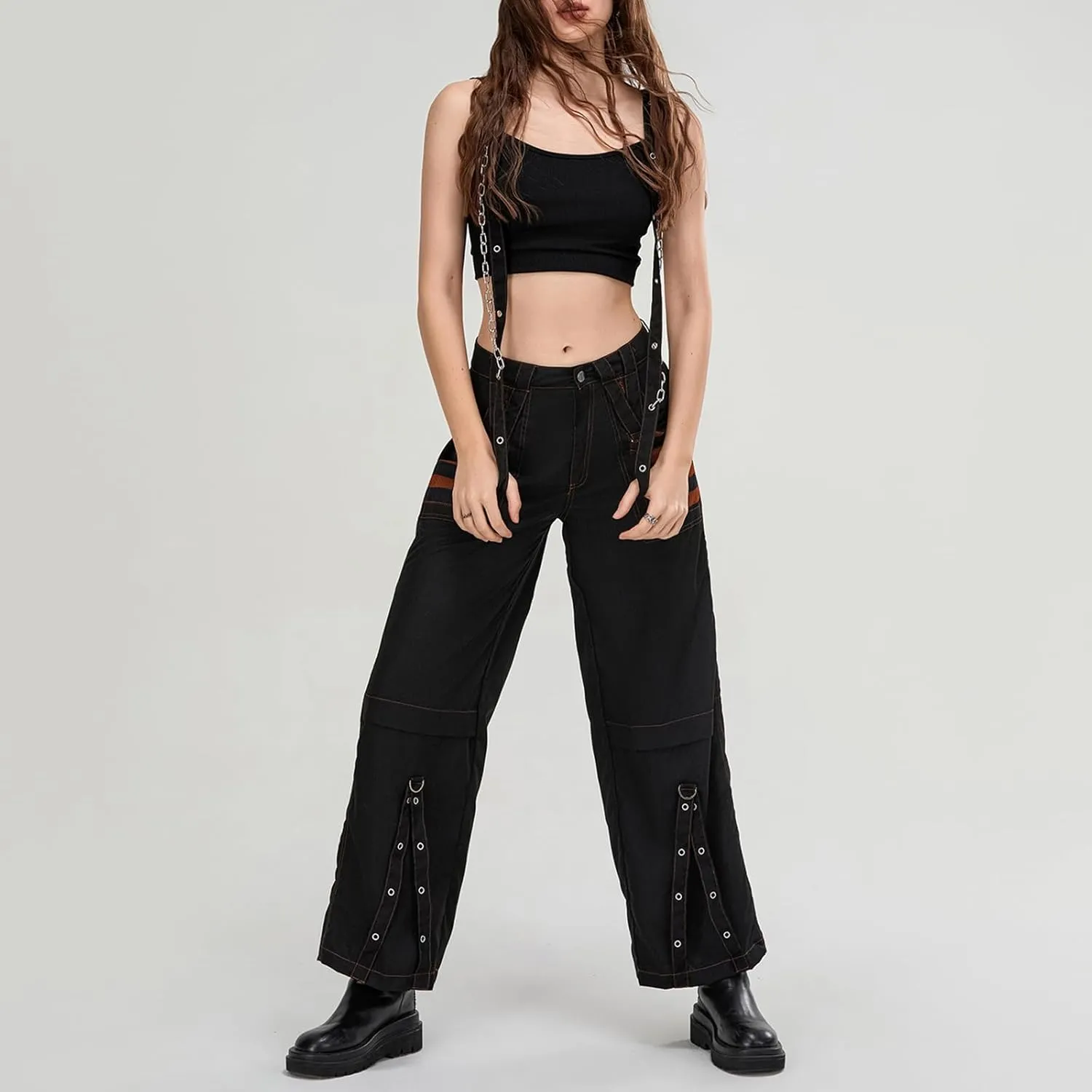 Faretumiya Women Cargo Pants High Waist Baggy Jeans Casual Wid Leg Denim Pants Grunge Gothic Harajuku Punk Y2k Trousers