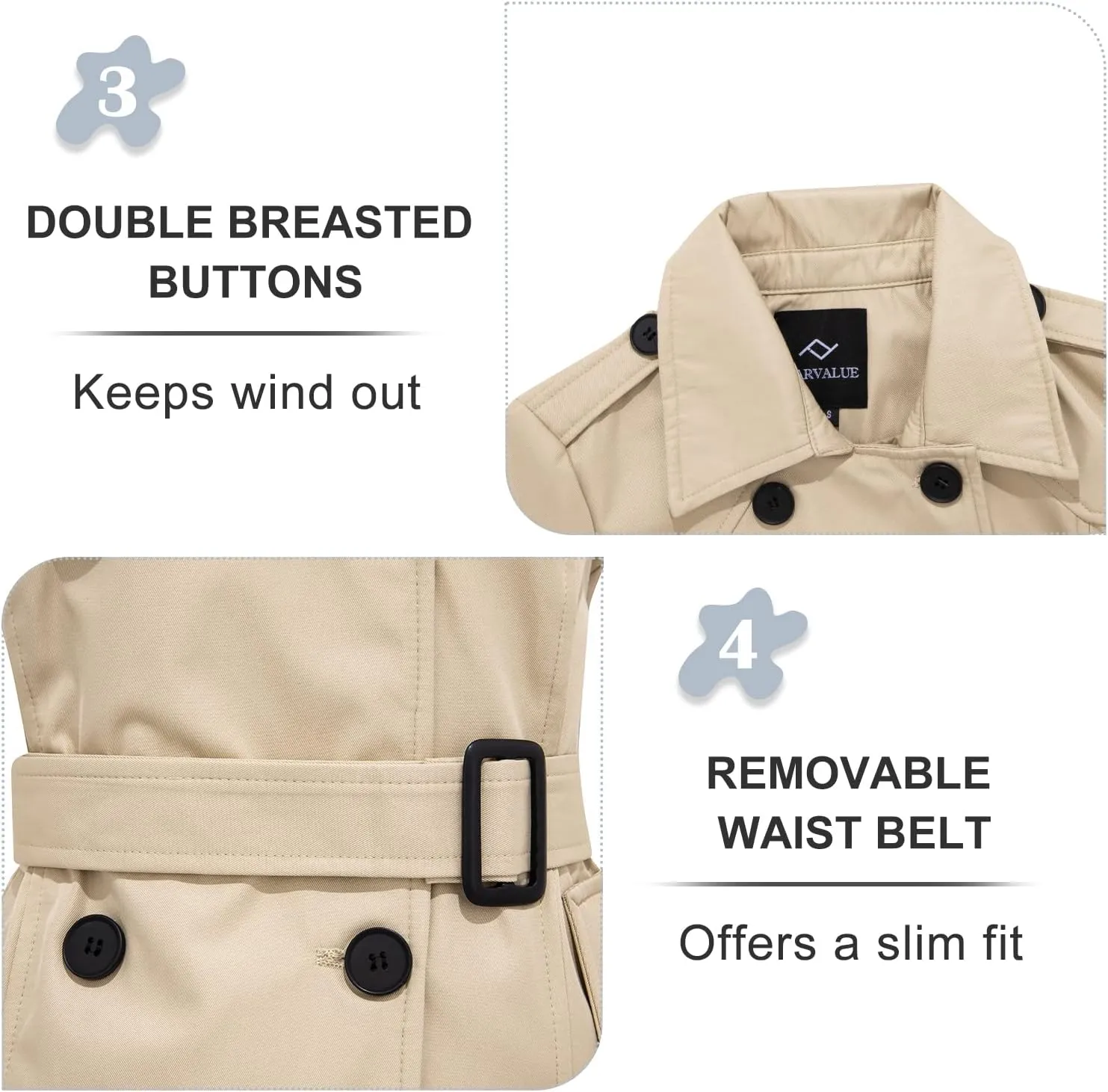 FARVALUE Women's Waterproof Trench Coat Winter Double Breasted Windbreaker Classic Belted Lapel Overcoat
