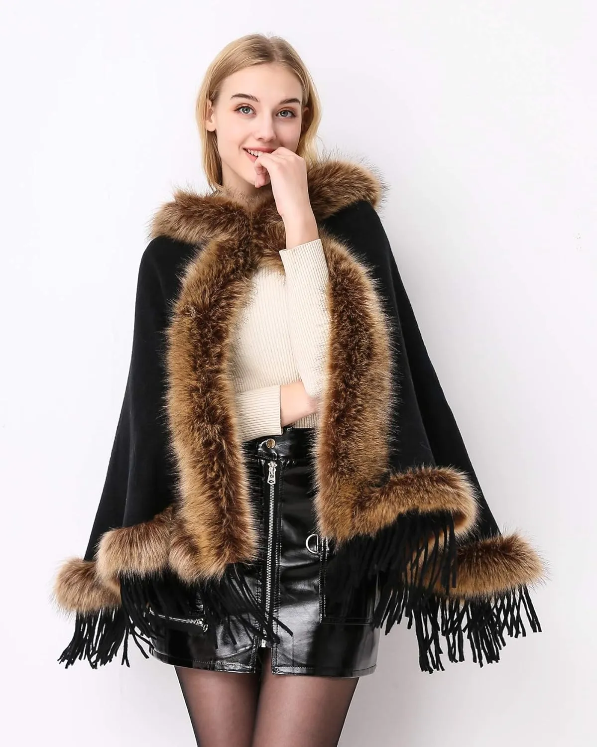 Faux Fur Shawl Hooded Cape Wrap Stole Shrug Bridal Winter Wedding with Hook