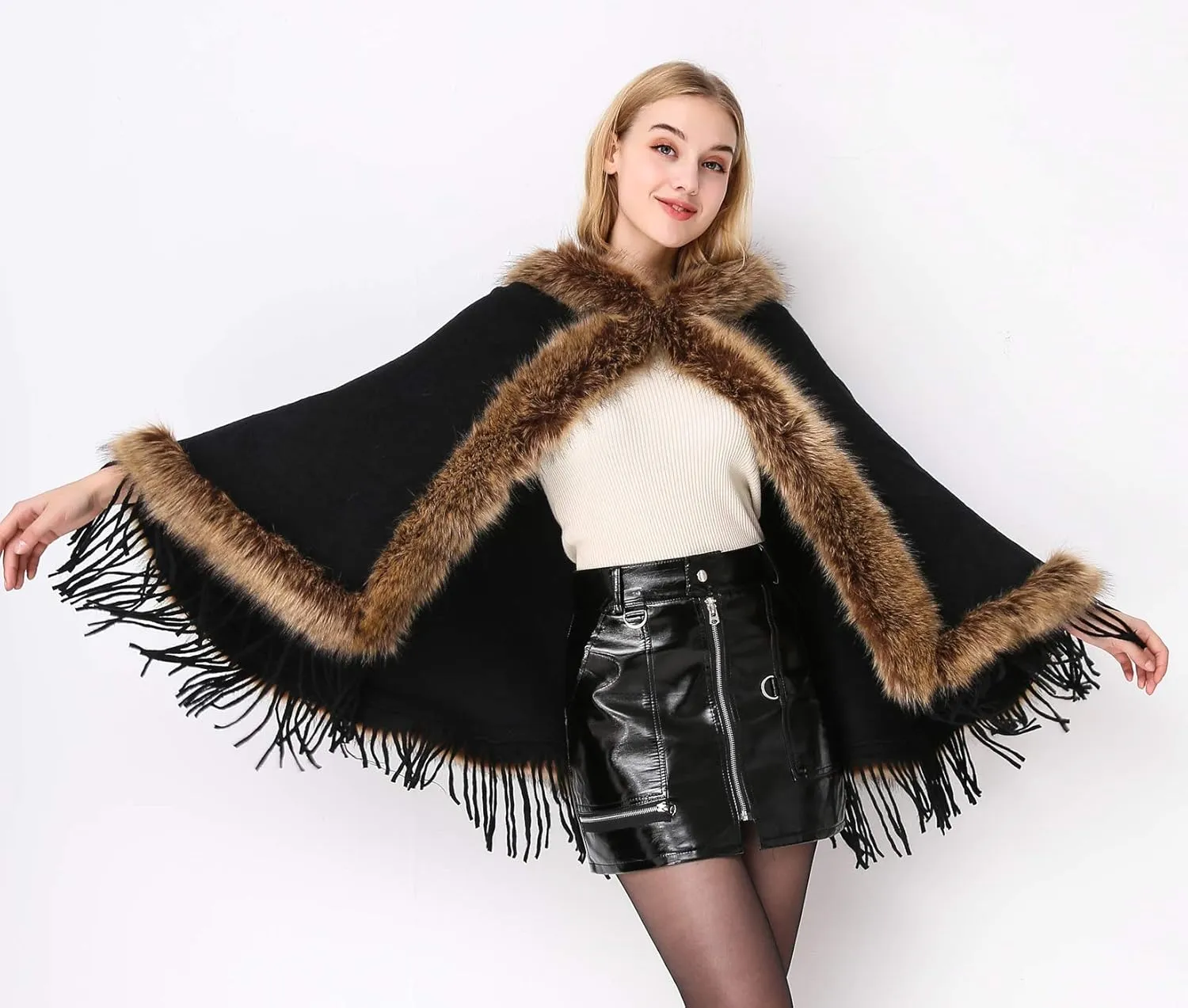 Faux Fur Shawl Hooded Cape Wrap Stole Shrug Bridal Winter Wedding with Hook