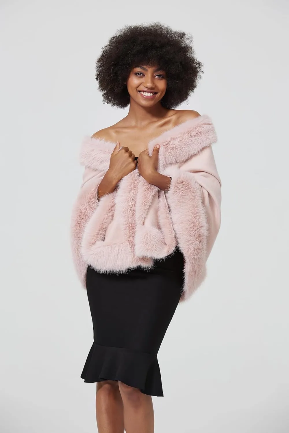 Faux Fur Shawl Wrap Women Cape Poncho Cloak with Faux Fur Trim Winter Sleeveless Cardigan Coat for Party Wedding