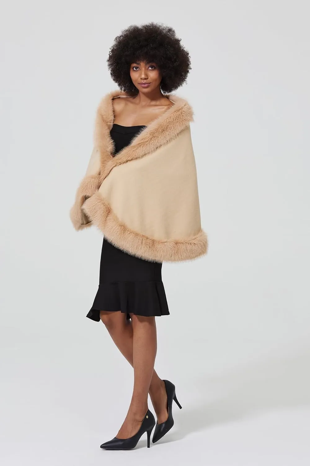 Faux Fur Shawl Wrap Women Cape Poncho Cloak with Faux Fur Trim Winter Sleeveless Cardigan Coat for Party Wedding