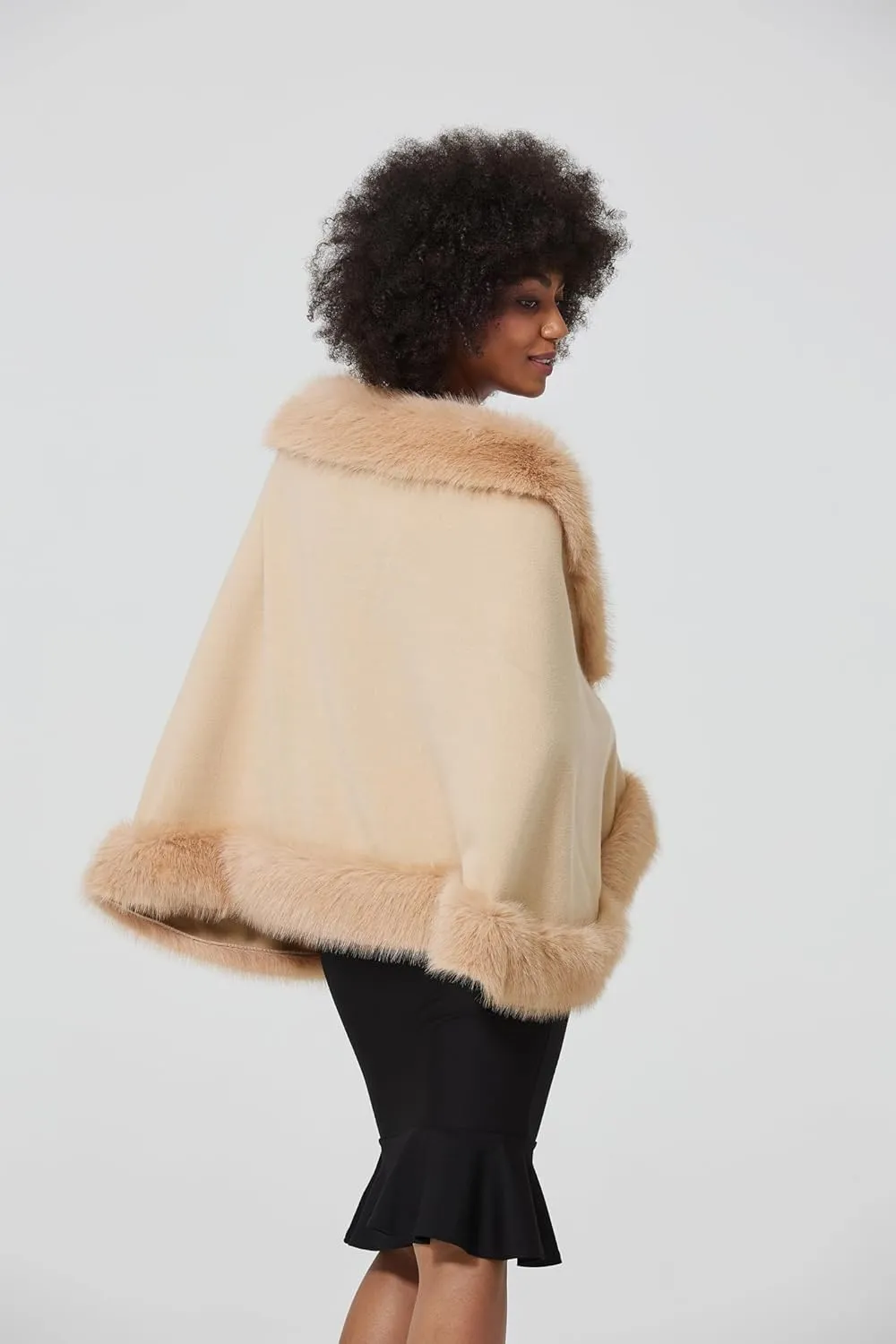 Faux Fur Shawl Wrap Women Cape Poncho Cloak with Faux Fur Trim Winter Sleeveless Cardigan Coat for Party Wedding