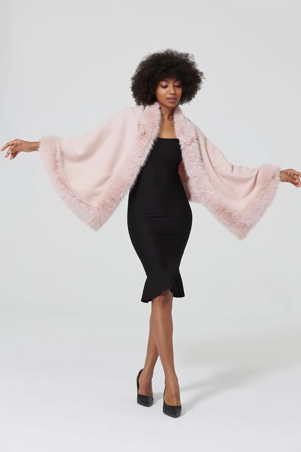 Faux Fur Shawl Wrap Women Cape Poncho Cloak with Faux Fur Trim Winter Sleeveless Cardigan Coat for Party Wedding