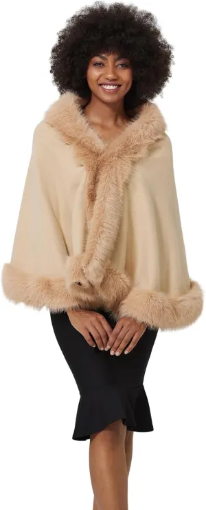 Faux Fur Shawl Wrap Women Cape Poncho Cloak with Faux Fur Trim Winter Sleeveless Cardigan Coat for Party Wedding