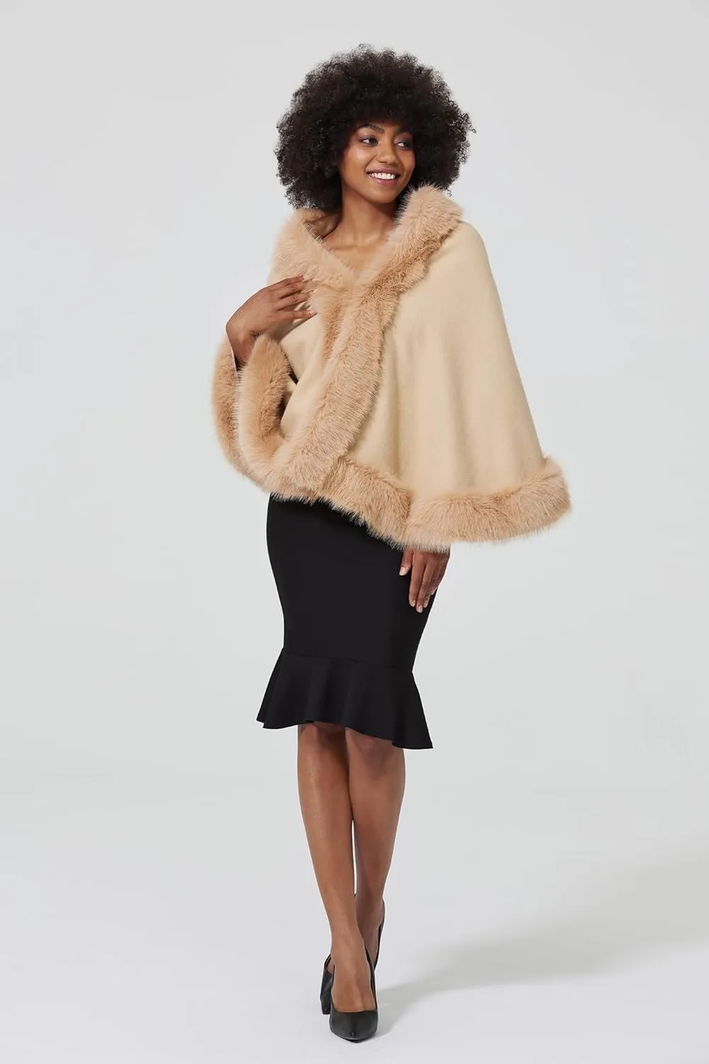 Faux Fur Shawl Wrap Women Cape Poncho Cloak with Faux Fur Trim Winter Sleeveless Cardigan Coat for Party Wedding