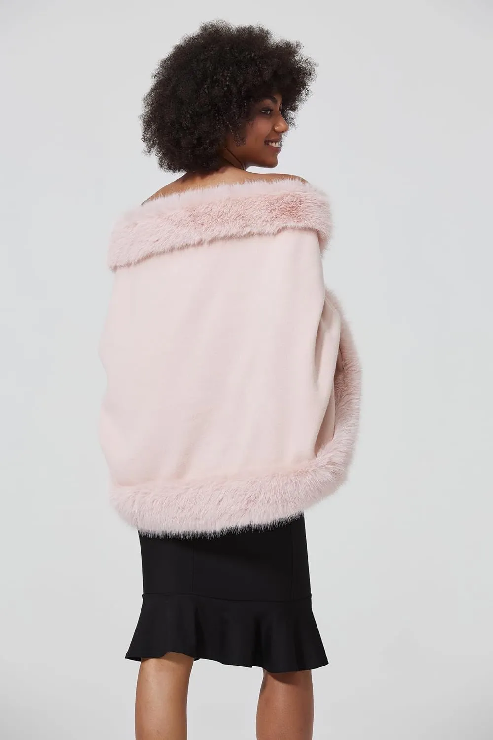 Faux Fur Shawl Wrap Women Cape Poncho Cloak with Faux Fur Trim Winter Sleeveless Cardigan Coat for Party Wedding