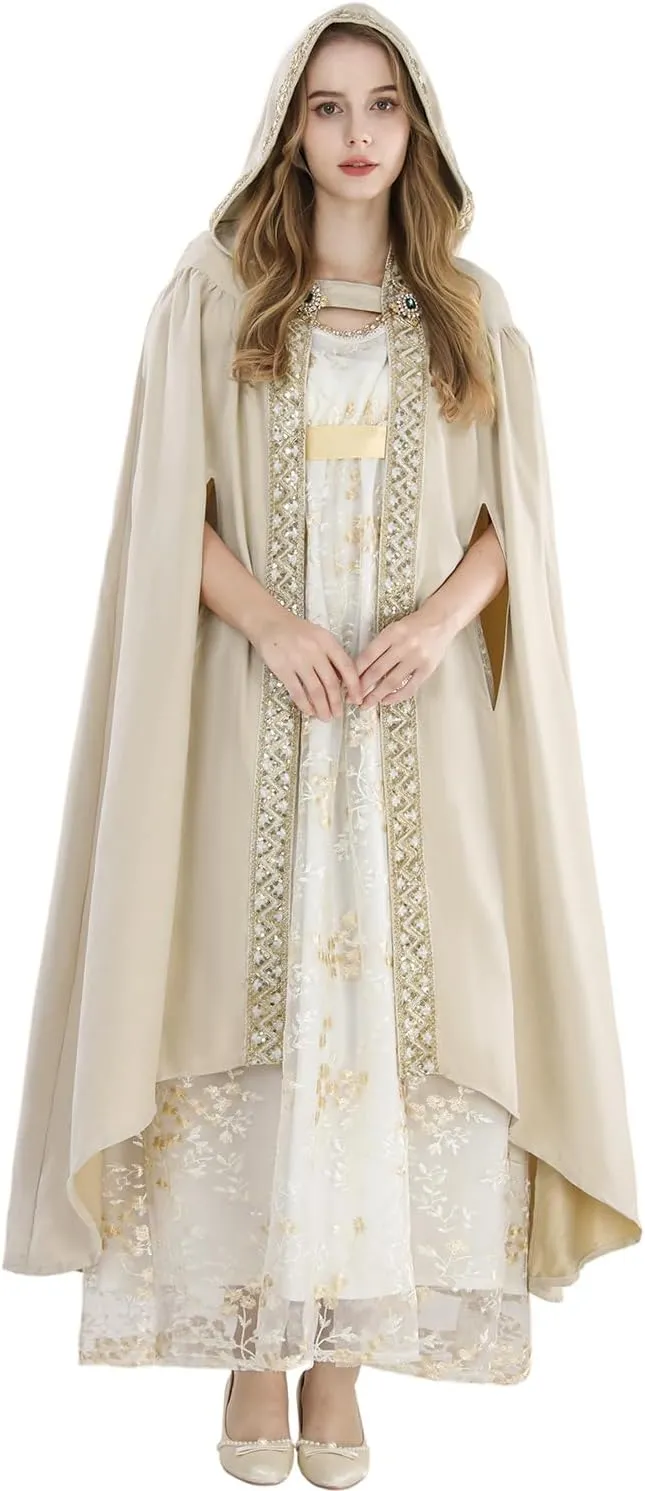 FCCAM Long Hooded Cloak for Women Suede Hooded Cape Medieval Renaissance Cloak Halloween Costume