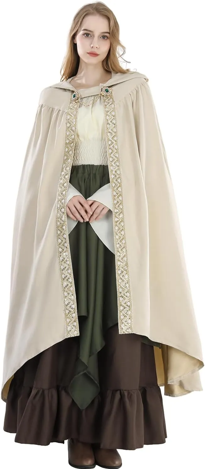 FCCAM Long Hooded Cloak for Women Suede Hooded Cape Medieval Renaissance Cloak Halloween Costume