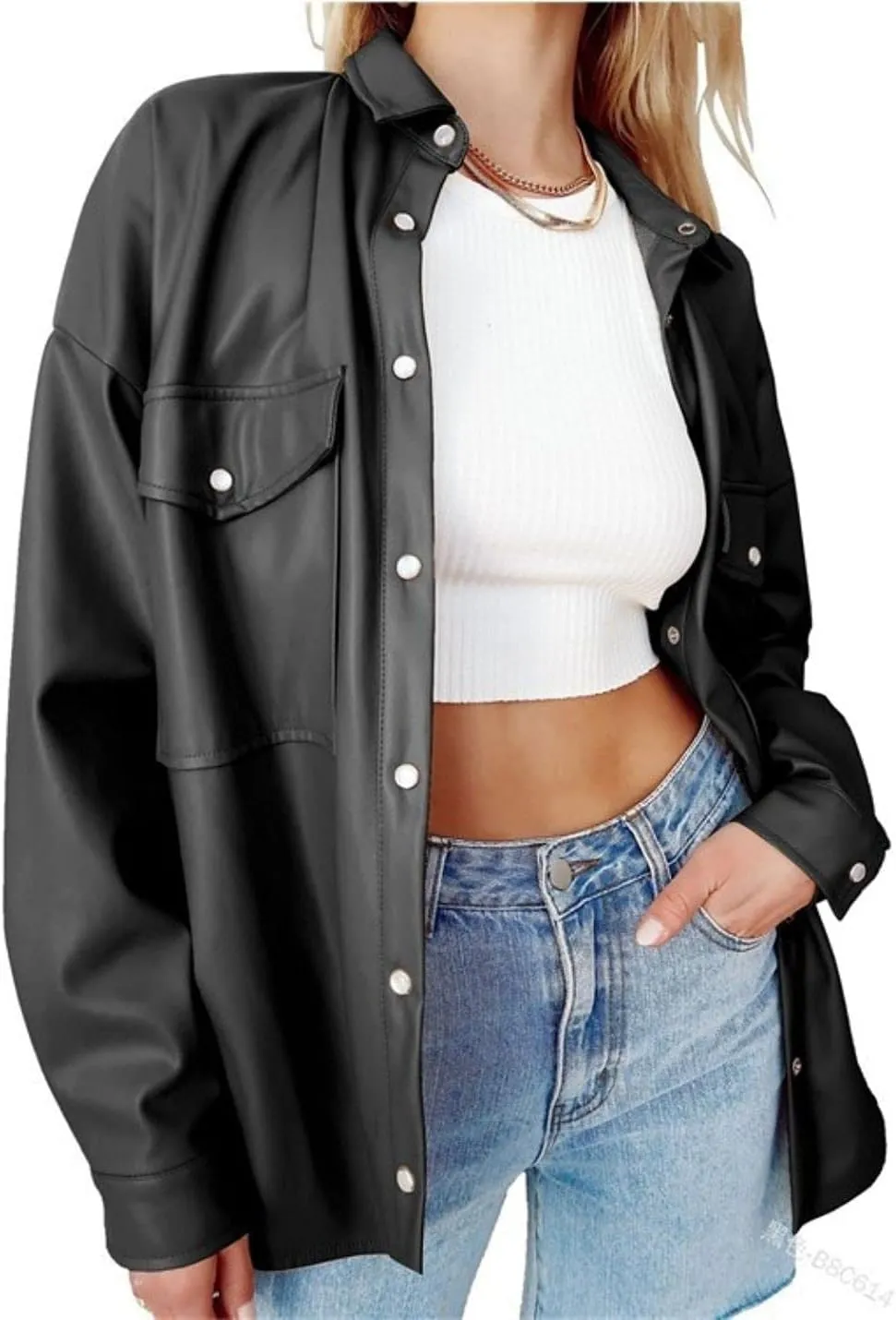 FindThy Womens Faux PU Leather Jacket Vintage Lapel Button Up Blazer Biker Coat