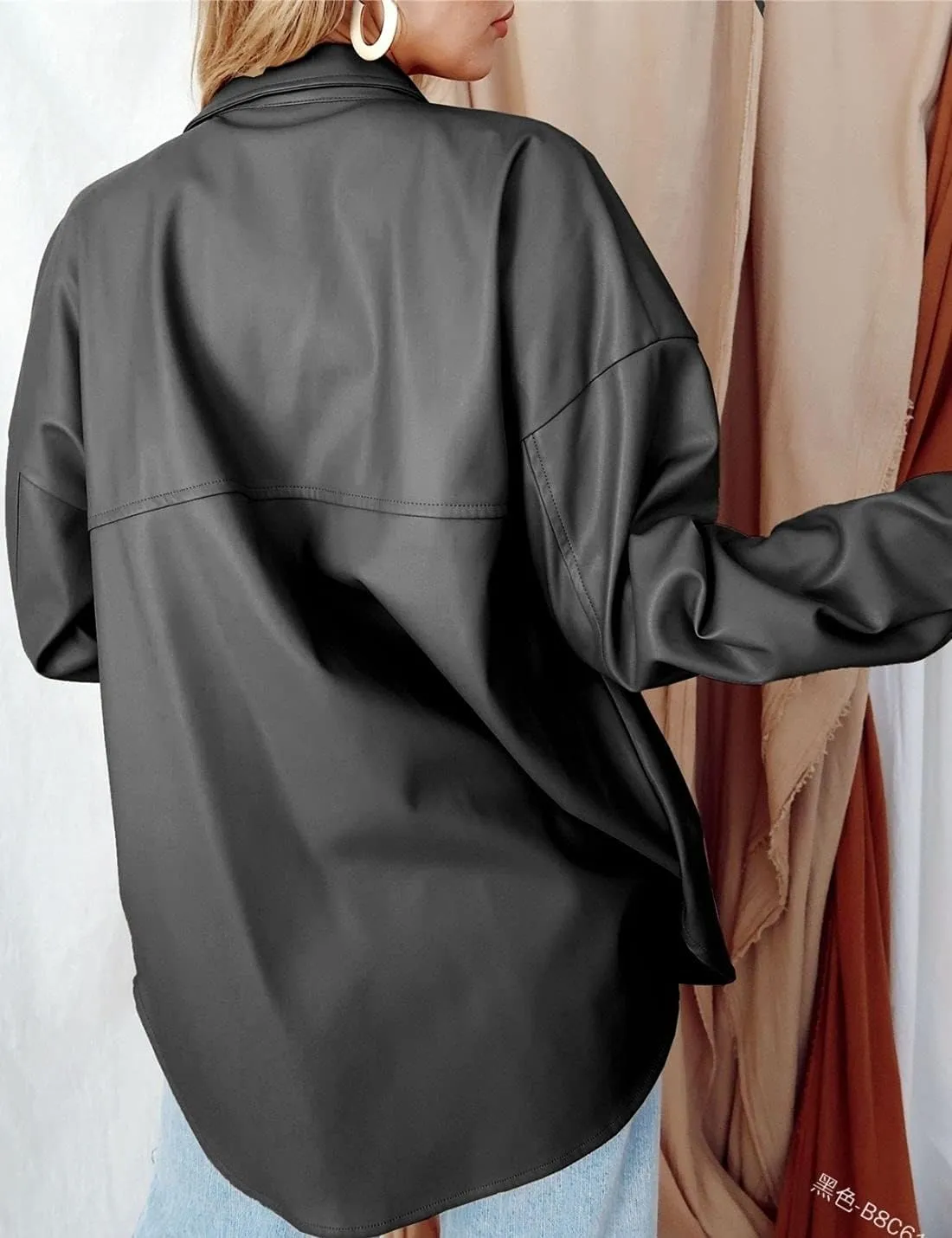 FindThy Womens Faux PU Leather Jacket Vintage Lapel Button Up Blazer Biker Coat