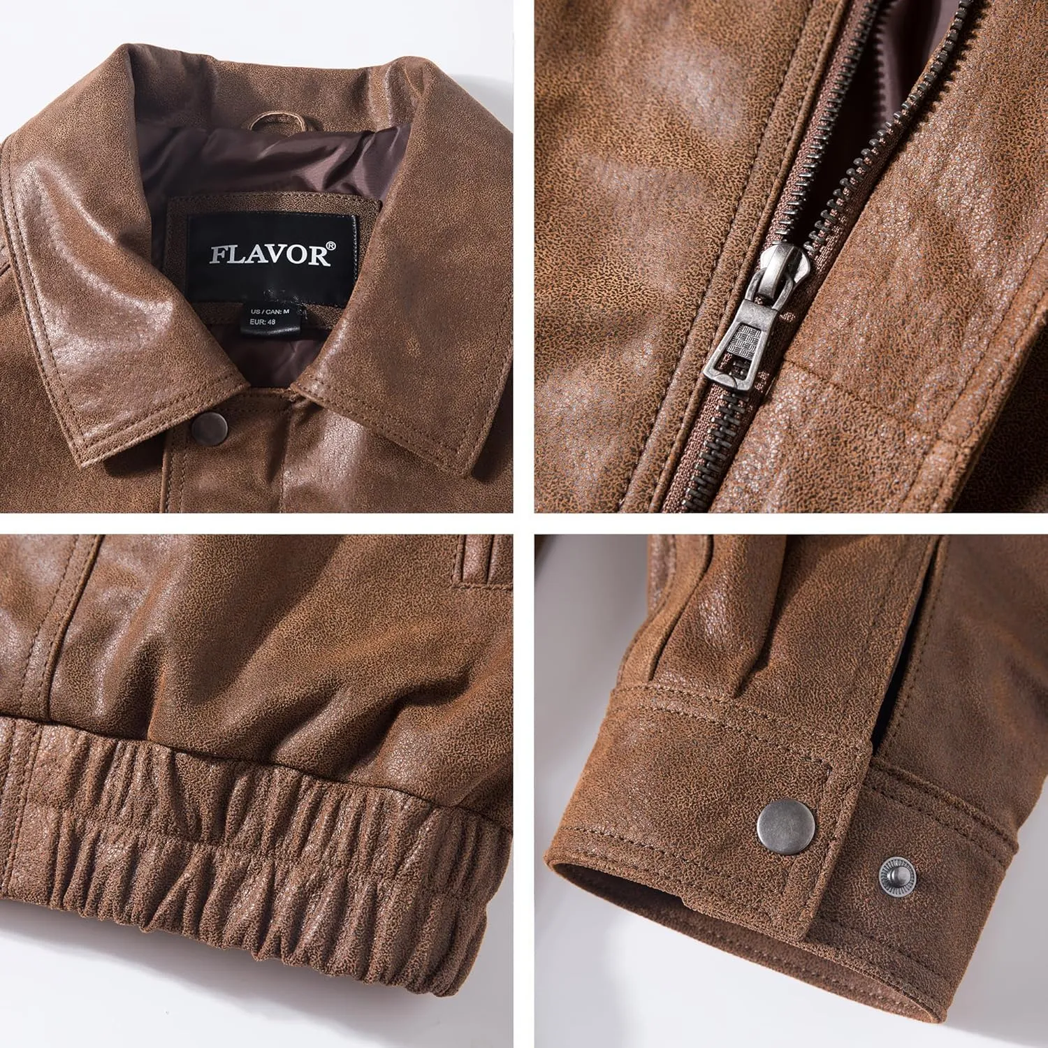 FLAVOR Men Casual Leather Bomber Jacket Classic Aviator Flight Jacket Black