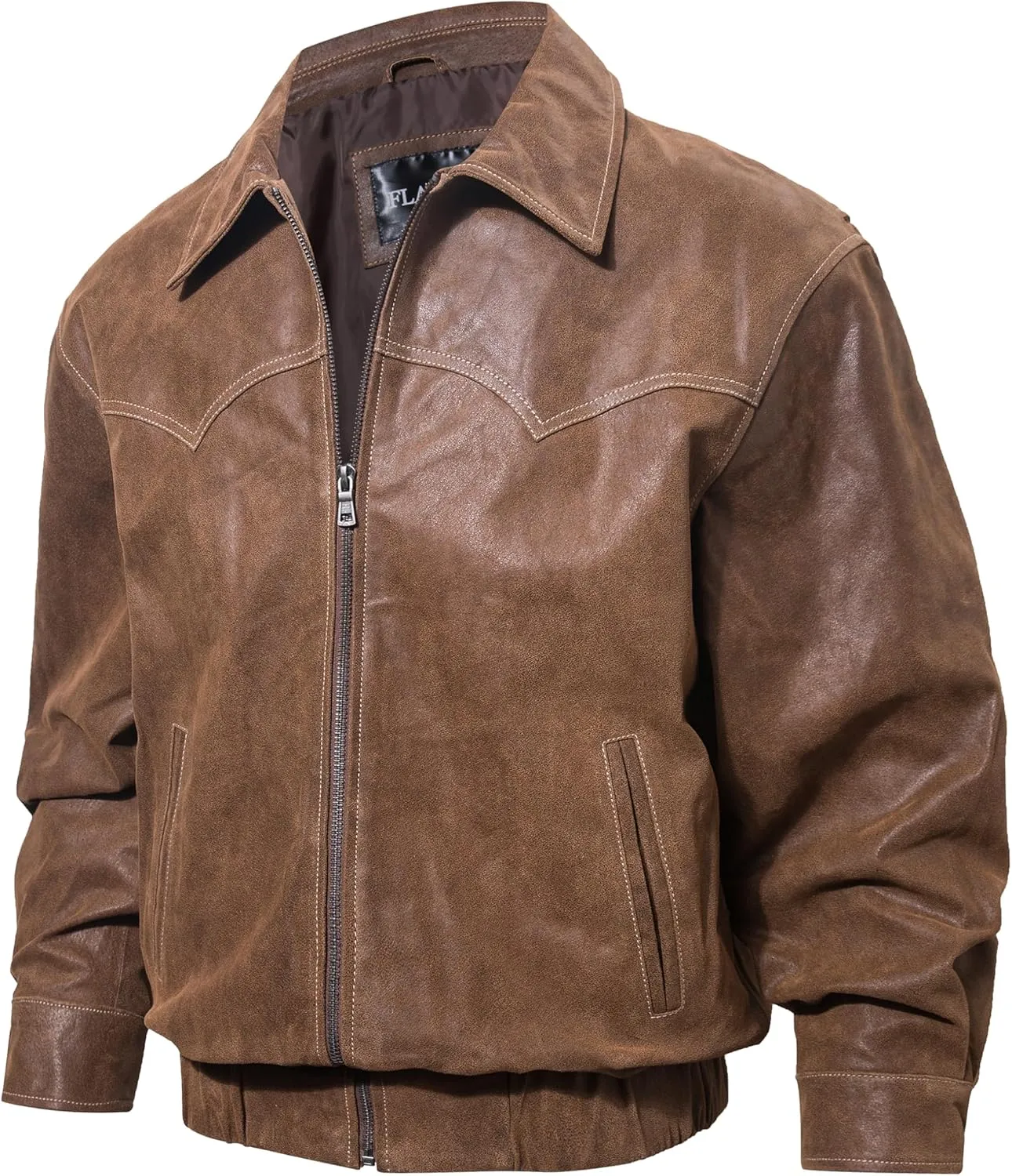FLAVOR Men Genuine Leather Bomber Jacket Casual Fall Winter Jacket Brown