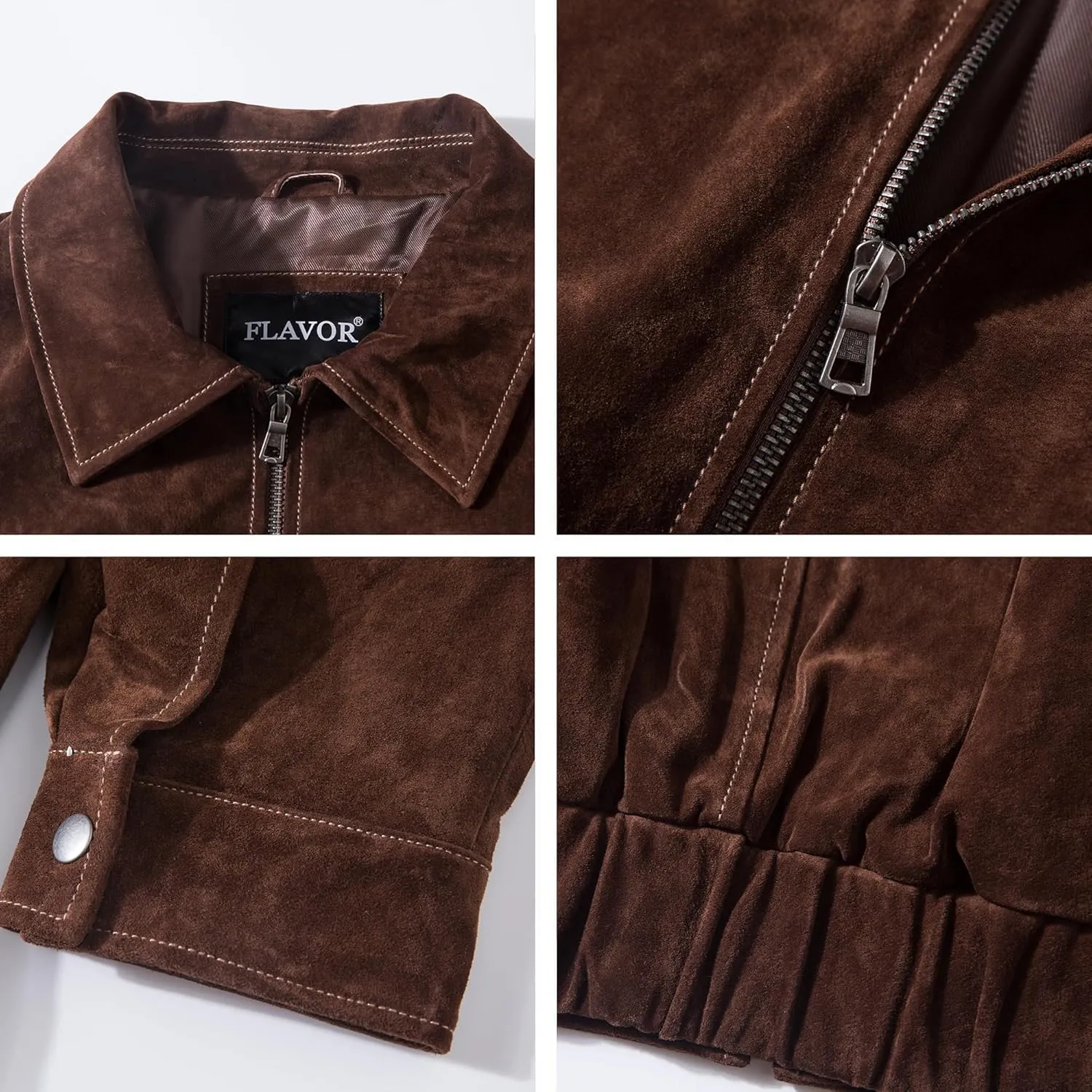 FLAVOR Men Genuine Leather Bomber Jacket Casual Fall Winter Jacket Brown