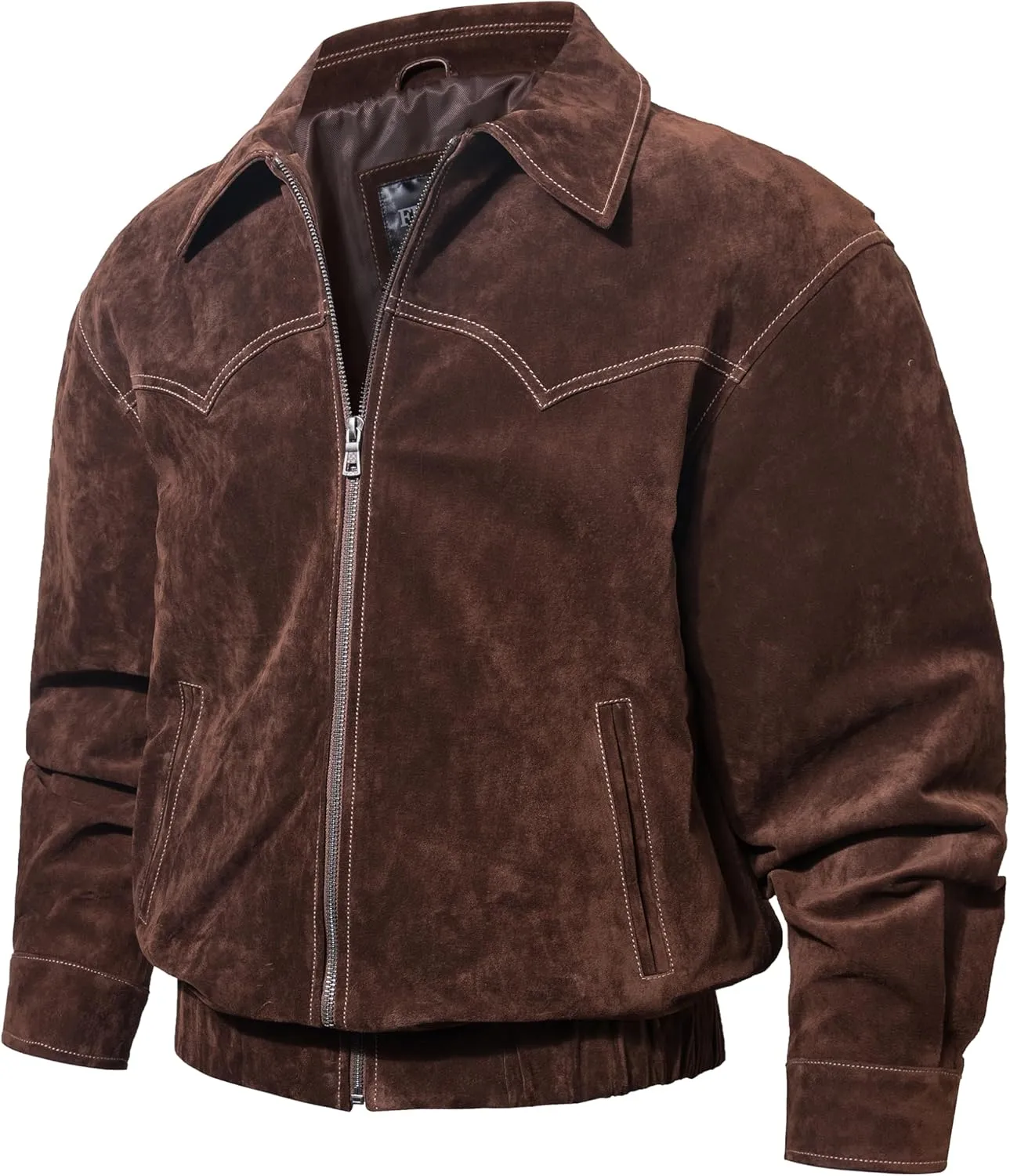 FLAVOR Men Genuine Leather Bomber Jacket Casual Fall Winter Jacket Brown