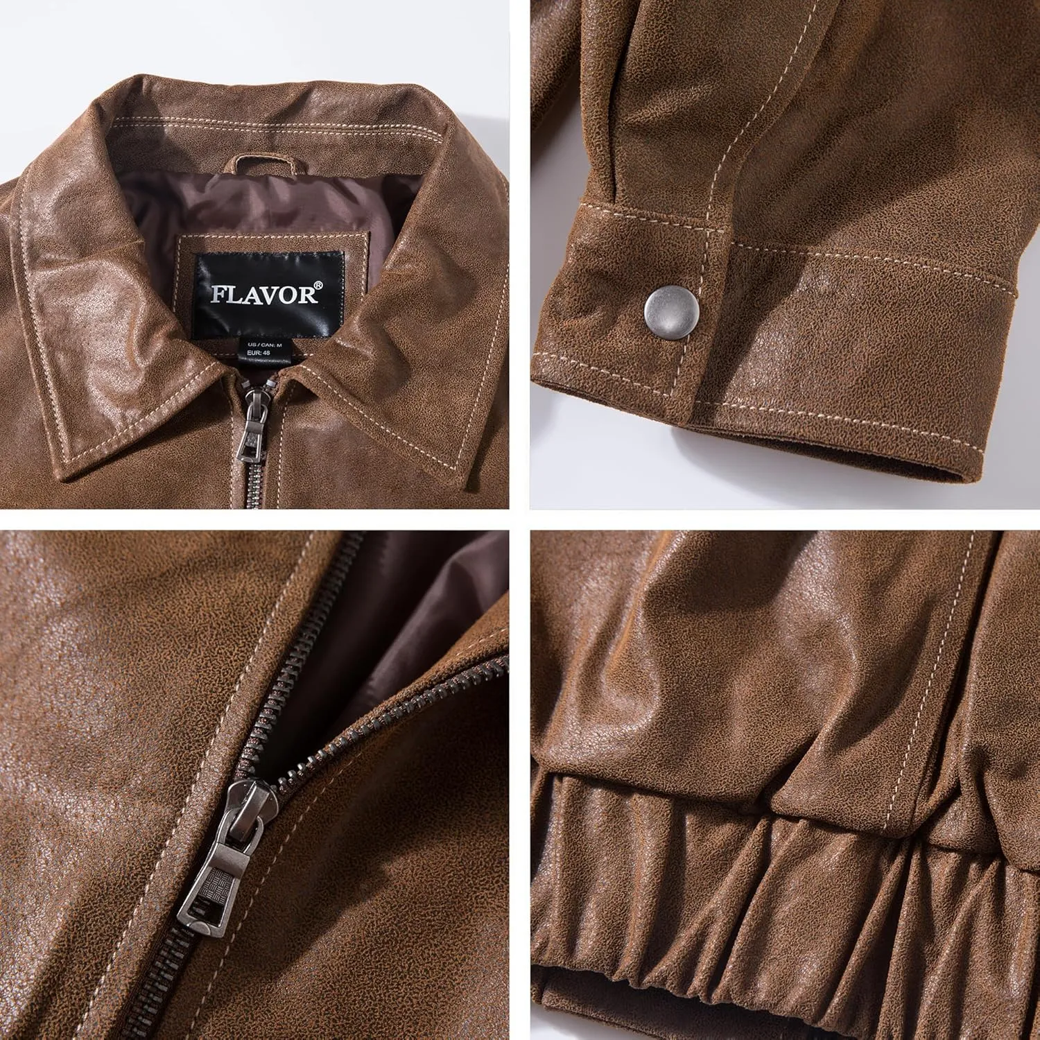 FLAVOR Men Genuine Leather Bomber Jacket Casual Fall Winter Jacket Brown