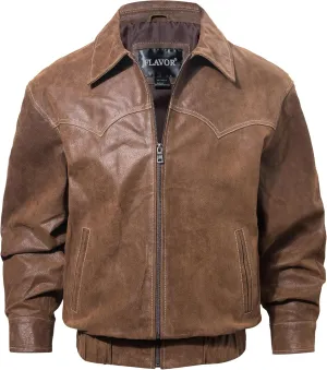 FLAVOR Men Genuine Leather Bomber Jacket Casual Fall Winter Jacket Brown