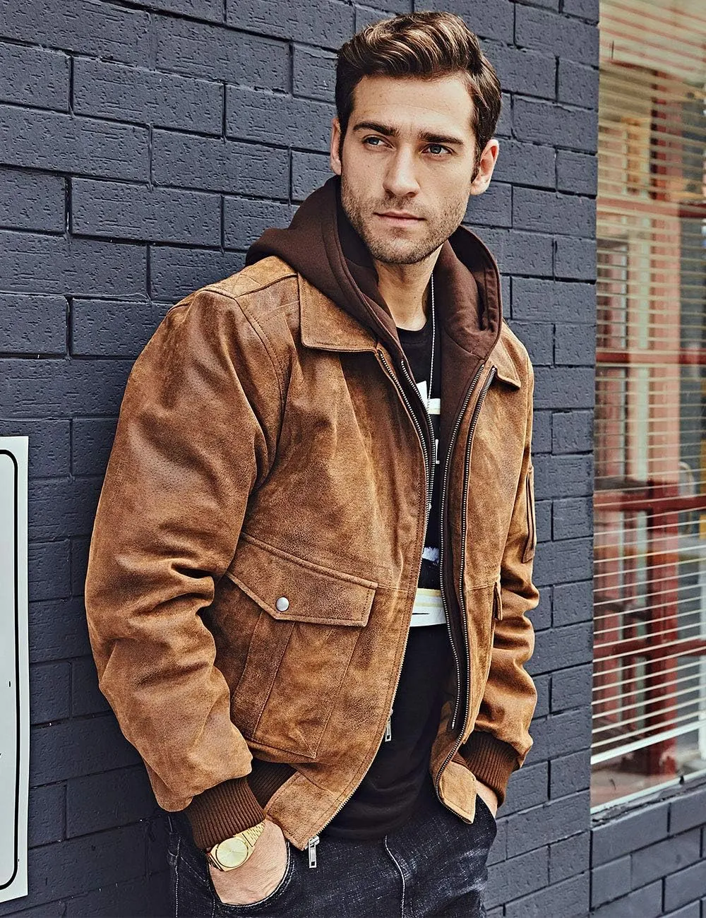 FLAVOR Men's Leather Flight Bomber Jacket Air Force Aviator