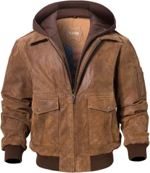 FLAVOR Men's Leather Flight Bomber Jacket Air Force Aviator