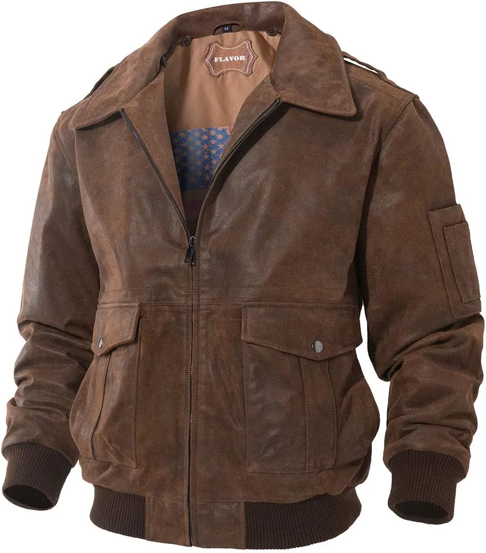 FLAVOR Men's Leather Flight Bomber Jacket Air Force Aviator