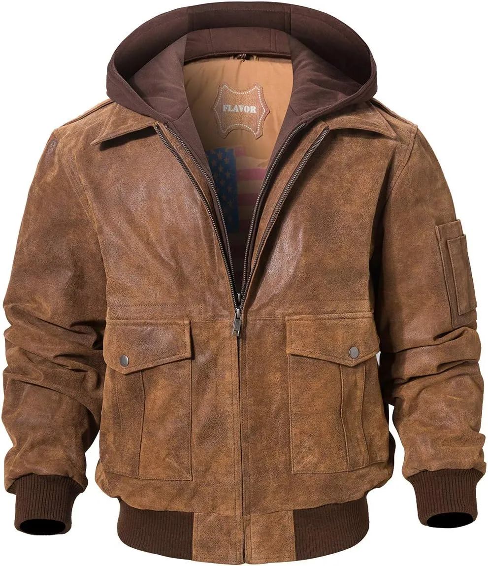 FLAVOR Men's Leather Flight Bomber Jacket Air Force Aviator