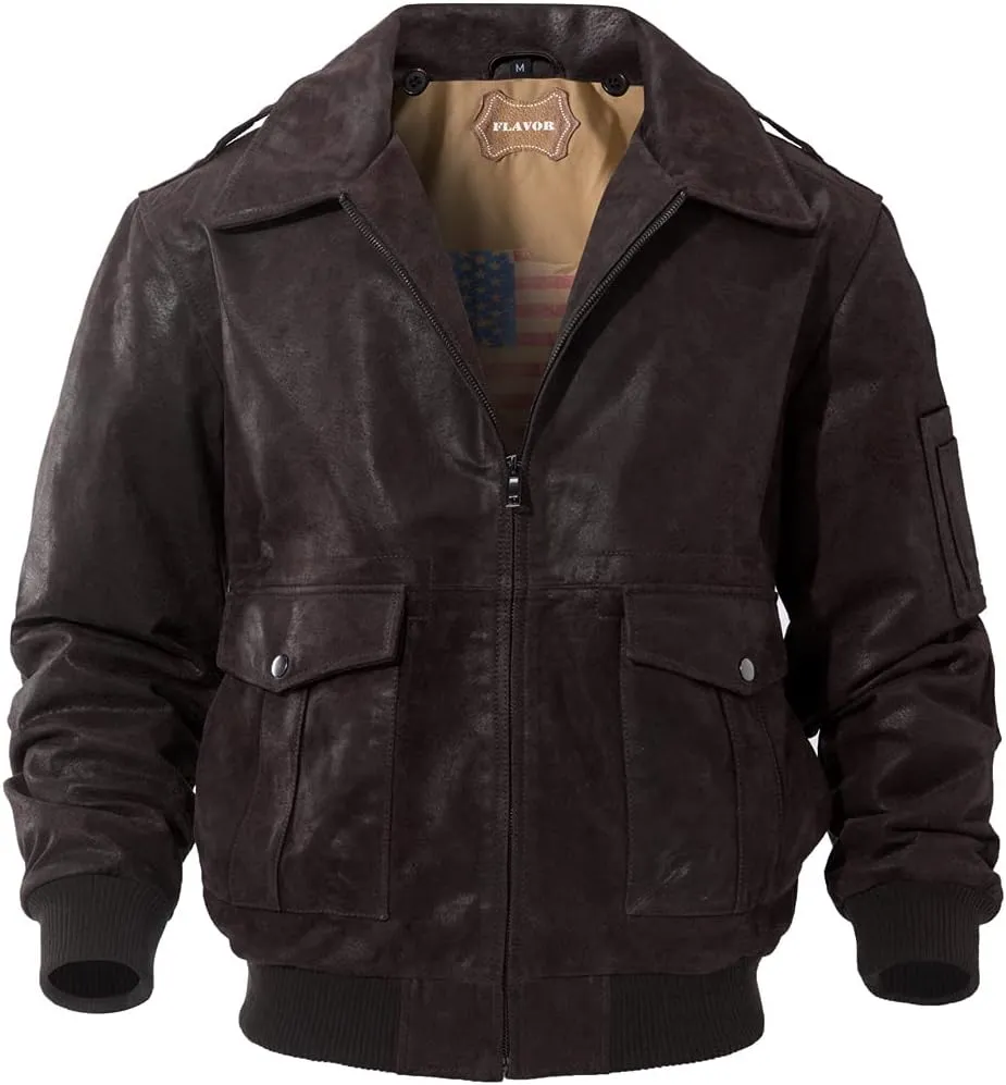 FLAVOR Men's Leather Flight Bomber Jacket Air Force Aviator