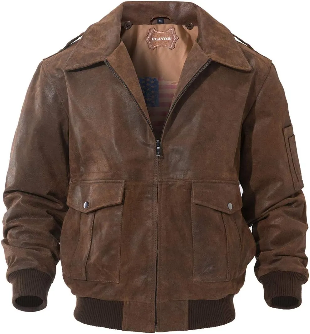 FLAVOR Men's Leather Flight Bomber Jacket Air Force Aviator