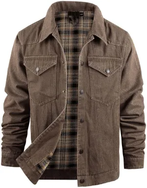Flygo Mens Flannel Lined Denim Jacket Snap Cowboy Cut Western Classic Slim Fit Vintage Heavy Duty Jacket Trucker Coat
